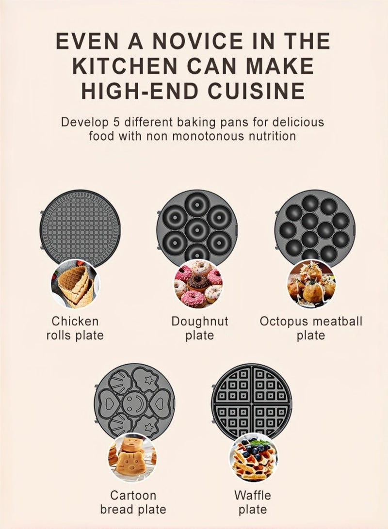 سوكاني جهاز تحضير الوجبات الخفيفة غير اللاصق 5 في 1 مع لوح الوافل ولوح كعك كرتوني ولوح الدونات، قدرة 600 واط، موديل SK-08105، باللون الأسود - Image 3